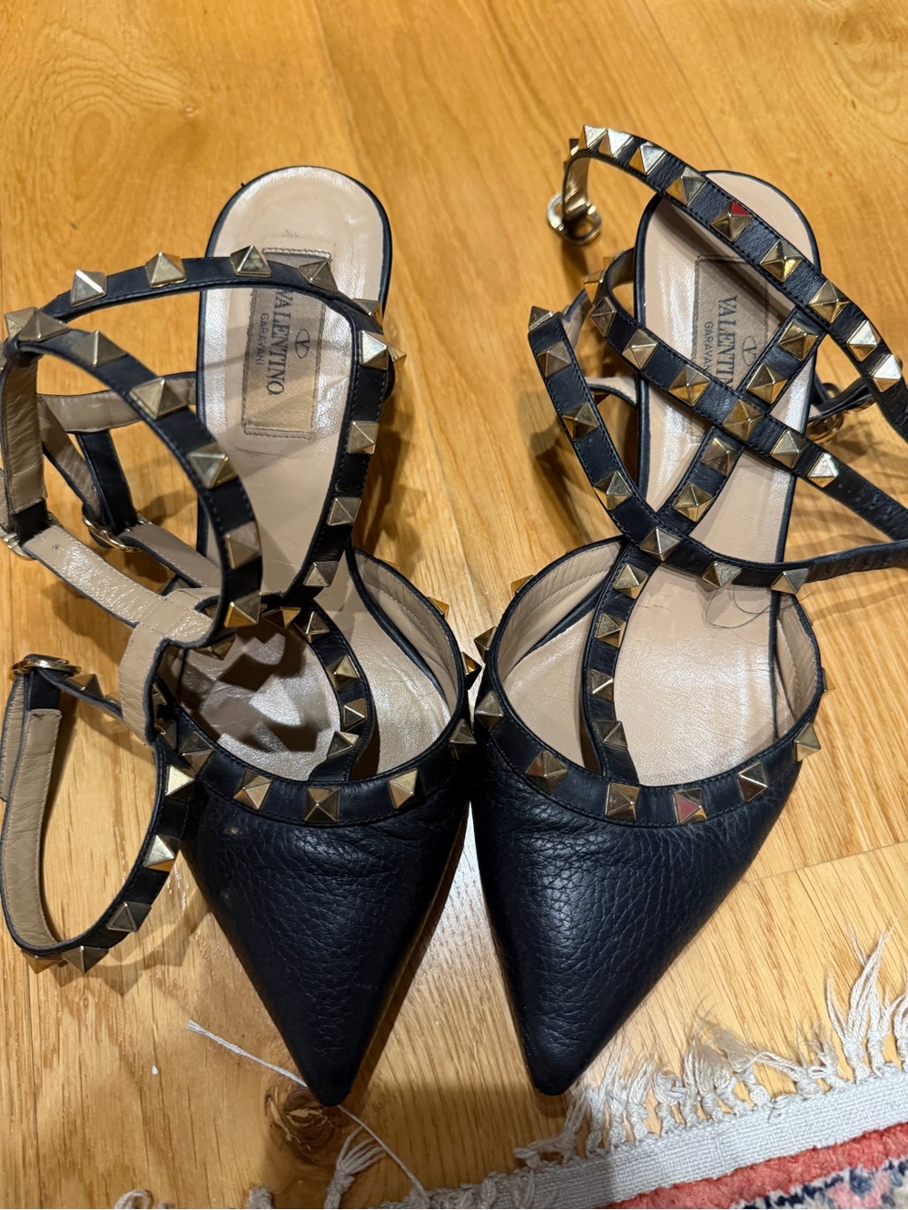 Valentino Black Leather Pointed Rockstud Ankle-Strap Heels